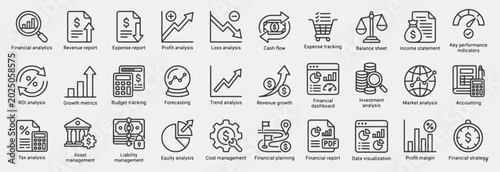 Financial Analytics Outline Icons Set: Vector pictograms of financial analytics, revenue report, expense report, profit analysis, loss analysis, cash flow, balance sheet, income statement, and more. 