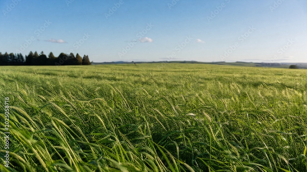Fototapeta premium ryegrass. Vast meadow of lush perennial ryegrass under clear sky with gentle wind. gardening catalogs, home-decor guides, designed for home decor and floral branding, used by architects.