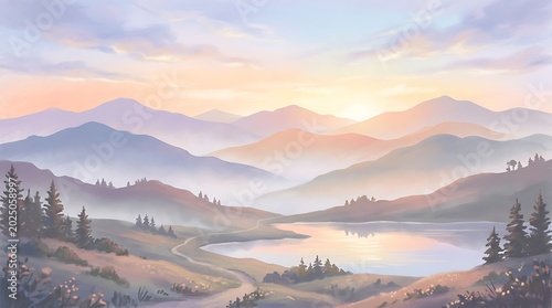 Serene Mountain Landscape Painting with Misty Hills and Lake at Sunrise