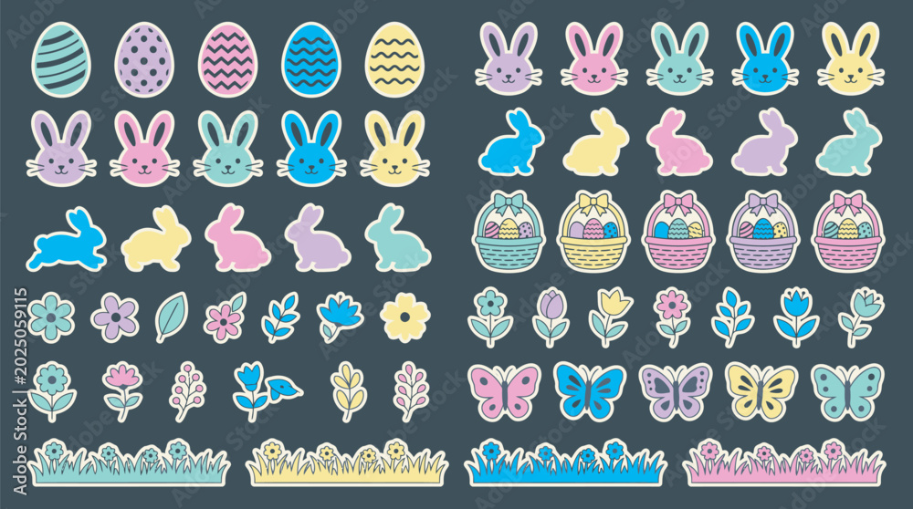 Naklejka premium Comprehensive Easter Sticker Pack with Rabbits Eggs Flowers and Seasonal Elements for Festive Holiday Decorations and Digital Scrapbooking