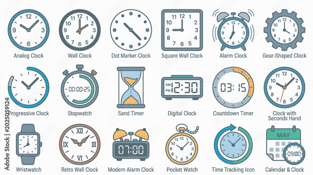 Fototapeta premium Comprehensive Set of Labeled Time Related Icons Including Various Clocks Watches and Timers for Business Scheduling and Productivity Concepts