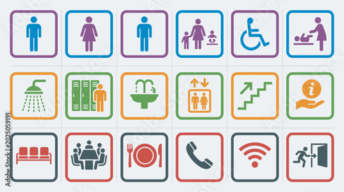 Collection of Colorful Public Facility and Navigation Signs Icons Set