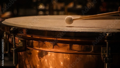 timpani. Close-up of a timpani drumhead with a drumstick poised just above its center. event programs, museum guides, designed for cultural heritage projects and event programs, preserves heritage.