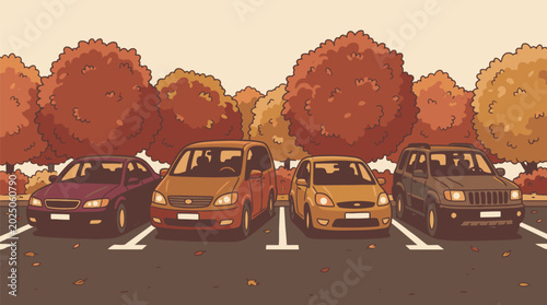 Four passenger cars parked in an outdoor parking lot framed by colorful autumn trees
