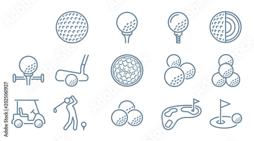 Tableau sur toile Comprehensive collection of golf line icons featuring golf carts, players, equipment, and course features for sports industry, recreation, and golf travel marketing