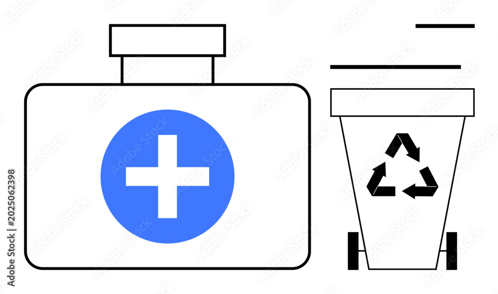 Obraz premium Medical waste management, eco-friendly practices, healthcare safety, waste disposal systems, environmental conservation, recycling awareness. First aid box and recycling bin with symbol. Medical