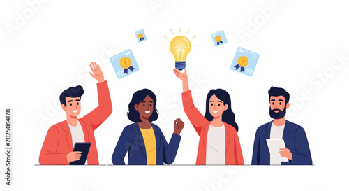 Diverse group of creative business professionals brainstorming and celebrating success. EPS Editable. Vector Illustrations.