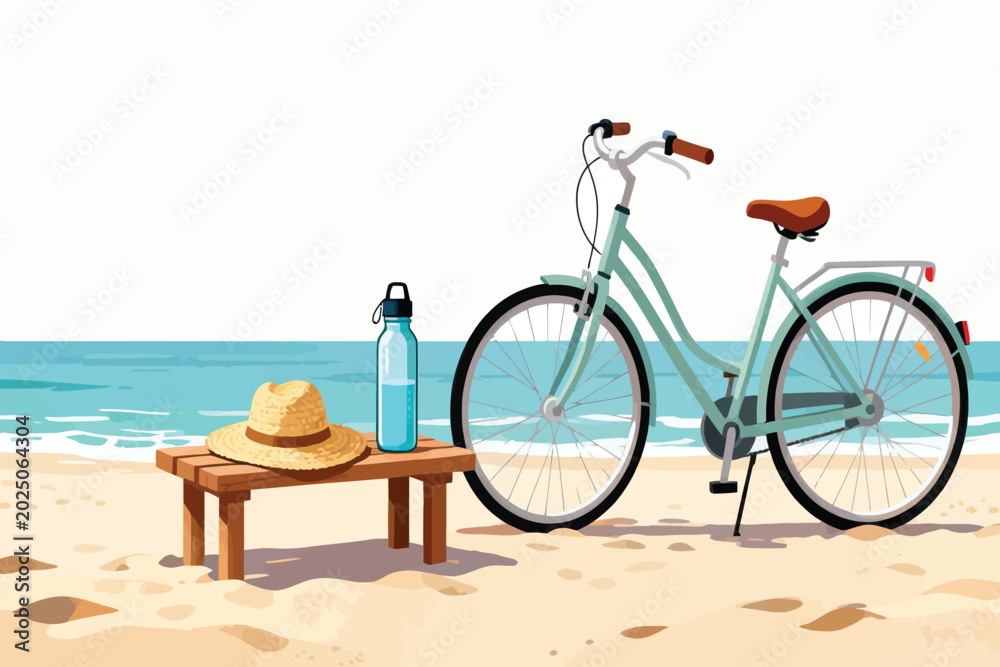 Fototapeta premium Bicycle on Tropical Beach Vector Illustration with seaside picnic and relaxing eco travel summer atmosphere