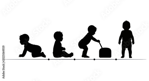 Foto Baby Development Stages Silhouette: Crawling, Sitting, Standing, Walking
