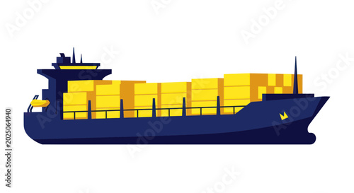Tableau sur toile Cargo Ship with Yellow Containers on White Background, Shipping and Logistics