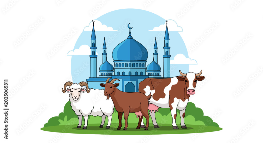 Naklejka premium Eid al-Adha vector illustration featuring a sheep, a goat, and a cow standing on a green field in front of a blue mosque with minarets and a crescent moon under a blue sky with clouds.