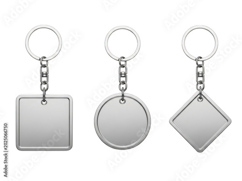 Set of three metallic keychain pendants in different shapes isolated on transparent background