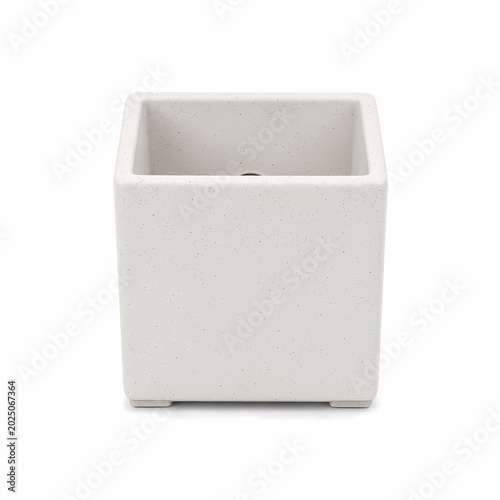 Empty white square ceramic plant pot with textured surface and small feet on a white background.
