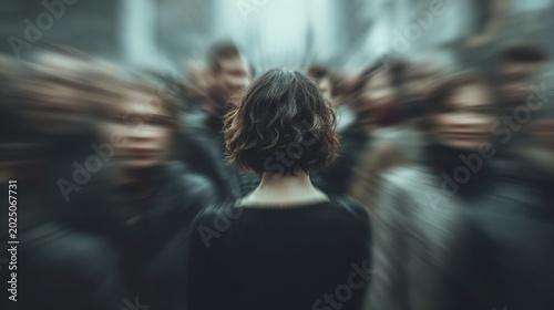 Social anxiety, above and blur with woman and people for panic attack, loneliness and fear. Mental health, depression and trauma with portrait of person in crowd for scared, ptsd psychology and sad