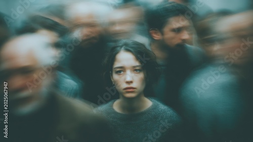 Social anxiety, above and blur with woman and people for panic attack, loneliness and fear. Mental health, depression and trauma with portrait of person in crowd for scared, ptsd psychology and sad