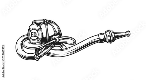 Tableau sur toile Firefighter Helmet and Hose - Emblematic Firefighting Equipment Illustration