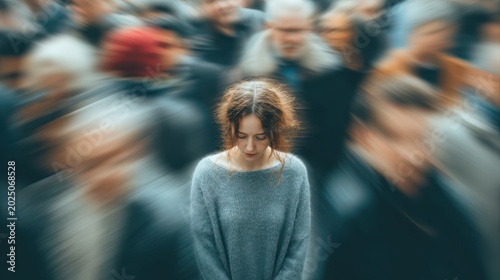 Social anxiety, above and blur with woman and people for panic attack, loneliness and fear. Mental health, depression and trauma with portrait of person in crowd for scared, ptsd psychology and sad