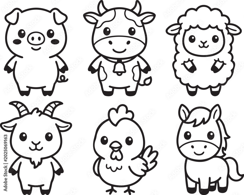 Fototapeta premium Cute farm animal set, featuring pig, cow, sheep, goat, chicken, and horse outline illustration.