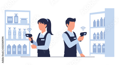 Professional store employees scanning inventory products with handheld scanners. EPS Editable. Vector Illustrations.