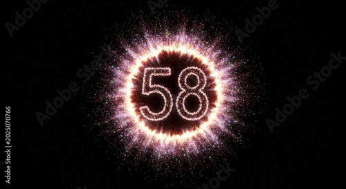 Glowing Number 58 Surrounded by Cosmic Particles
