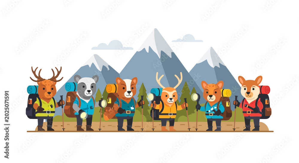 Naklejka premium Cartoon Animals Hiking Through Mountains
