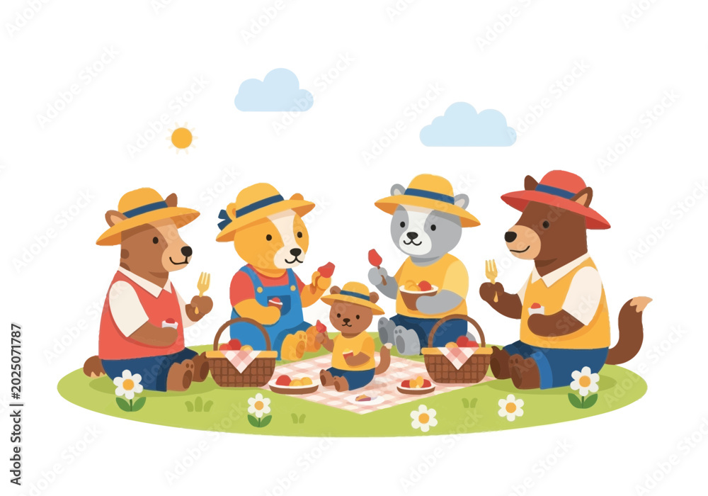 Fototapeta premium Cartoon animal family enjoying picnic in the park. Cute vector illustration.