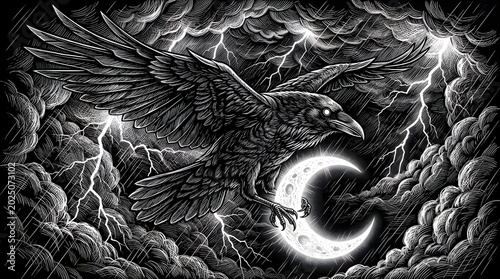 Black raven flying near moon