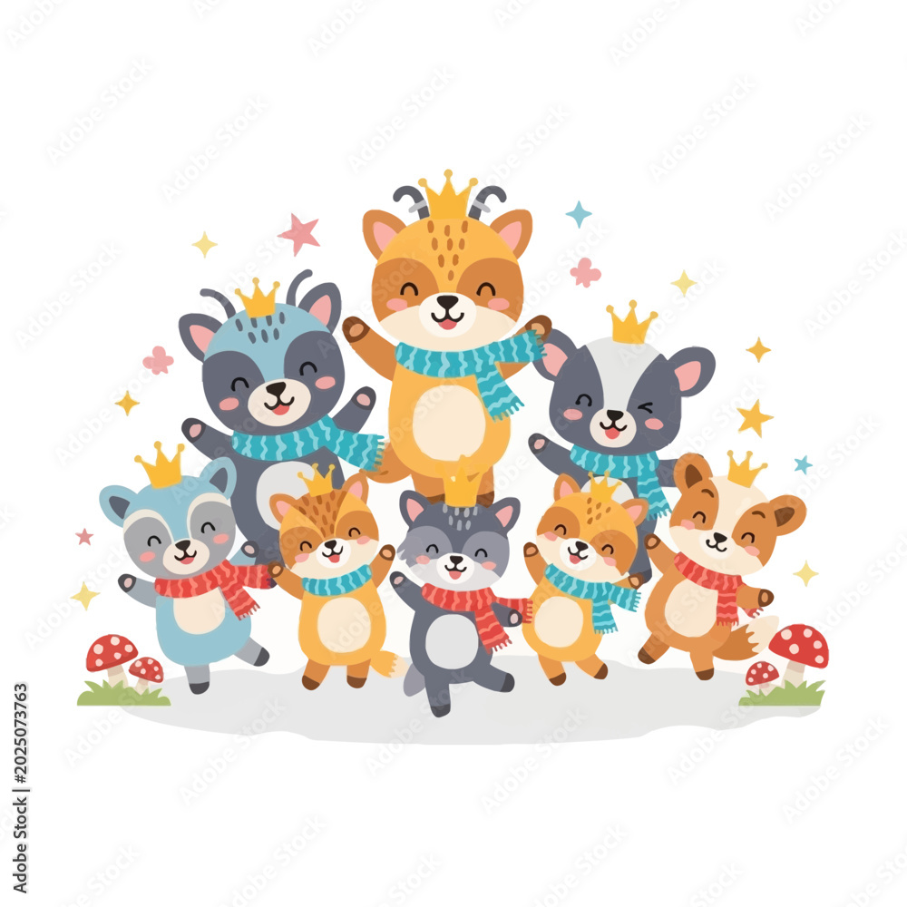 Obraz premium Cheerful cartoon animals with crowns and scarves illustration