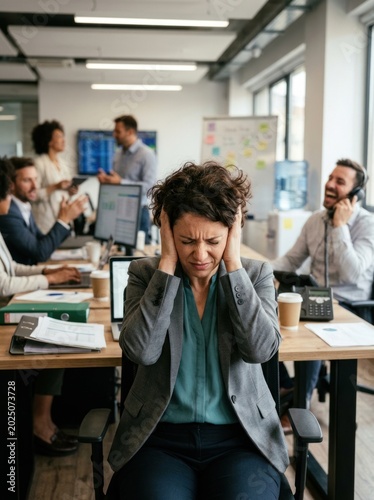 A stressed businesswoman sits at a desk in a modern office.