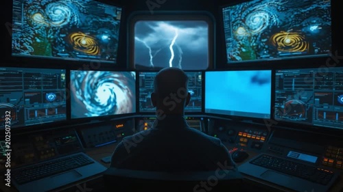 Severe Thunderstorm Watch Meteorologist Monitoring Storm Systems Control Center 3D Animation