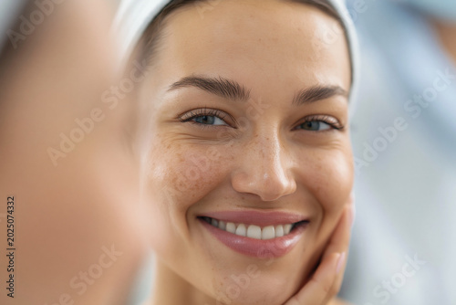 Warm smile lights up her face. Soft lighting highlights natural skin texture. Hand gently touches her cheek. Feminine, serene, and approachable expression. Ideal for skincare, wellness