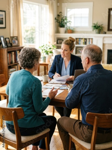 A woman and an elderly man are seated at a wooden table, engaged in a serious conversation.