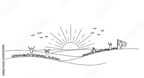 Cuadro en lienzo Sunrise over rolling hills with people celebrating, birds flying, and a flag