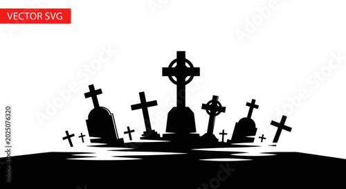 Foto Graveyard Silhouette, Tombstones, Cemetery Crosses, Spooky Halloween Vector Art