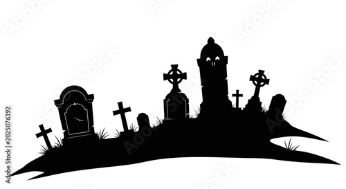 Tableau sur toile Spooky Cemetery Silhouette with Gravestones and Crosses on White Background