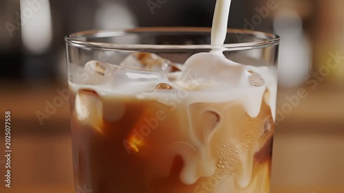 Cream being poured into iced coffee creating a beautiful swirl effect.
