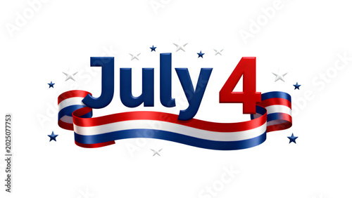 July 4 Patriotic Typography with Stars and Ribbon PNG