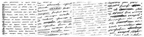 Calligraphy text script seamless pattern set. Handwriting illegible text background with strike through and messy letters. Hand drawn pen script seamless pattern. English unreadable letters.
