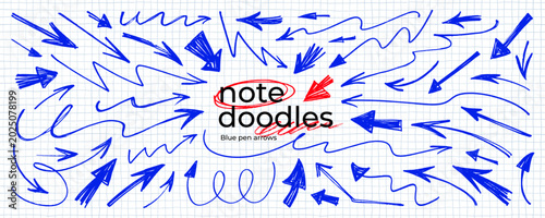 Blue ball pen doodle arrows on checkered paper background. Hand drawn vector thin and bold arrows collection. Png directional pointers set for scrapbook, collage, notes and childish school design.