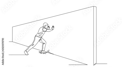 Bild auf Leinwand Man pushing against a wall, one line drawing, concept of effort, determination,