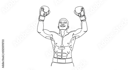 Bild auf Leinwand Boxer celebrating victory with raised arms and boxing gloves, line art