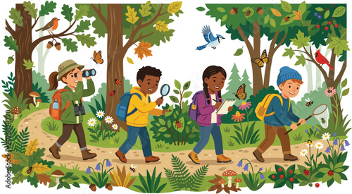 Happy kids exploring forest nature trail hiking with backpacks magnifying glass and butterfly net vector illustration