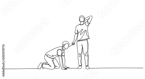 Konstfotografi Dominant figure leads subservient person on leash, single line drawing, white ba