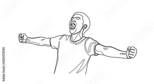Photos Man cheering with arms outstretched, celebrating victory in line art drawing