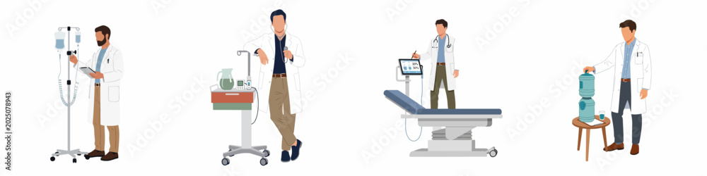 Fototapeta premium Set of illustrations showing male doctors in white coats performing various healthcare duties, using medical equipment like IV stands and examination tables.