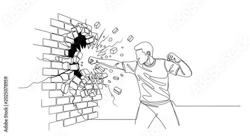Fotografía Man punching through brick wall, breaking barrier, concept of strength and deter