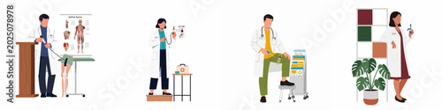 Photos Collection of flat illustrations showing doctors and healthcare professionals demonstrating how to use epinephrine auto-injectors for emergency allergy treatment