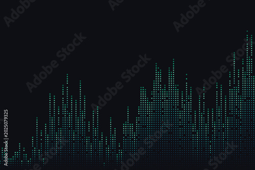 Quadro su tela Teal and blue gradient dots forming abstract bar chart on dark background, data