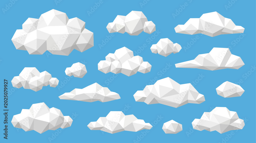 Fototapeta premium Collection of fluffy white clouds in various shapes and sizes against a bright blue sky for design and decoration purposes ideal for weather forecasting or atmospheric concepts.