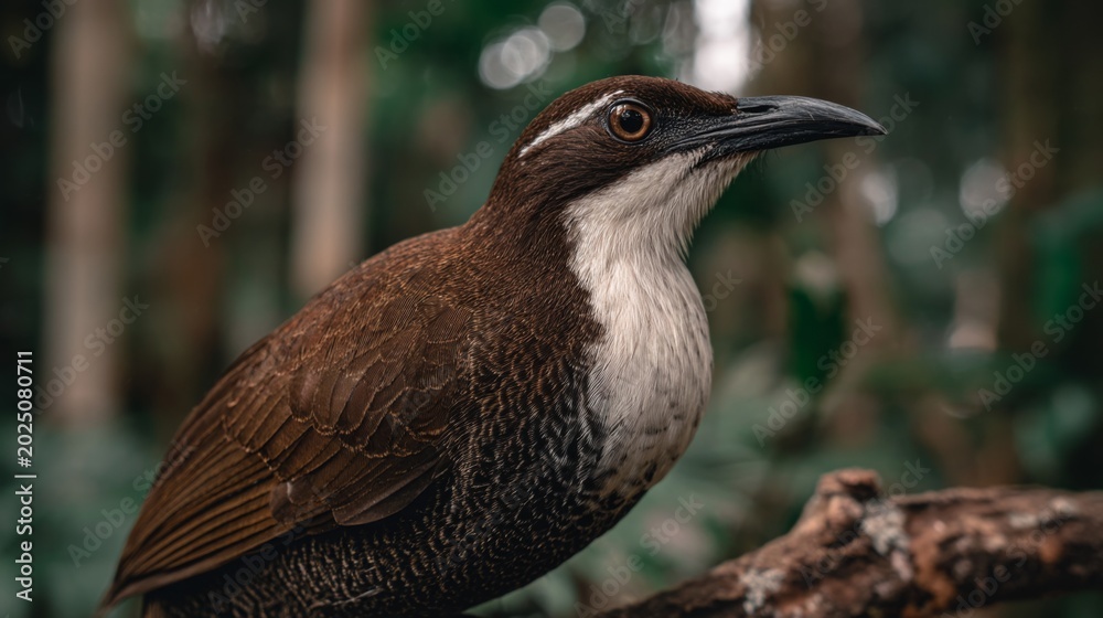 Fototapeta premium Close-Up of a Brown Bird with White Throat Perched on a Branch in a Lush Green Forest Environment Displaying Intricate Feather Patterns